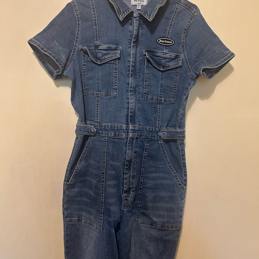 Juicy Couture Women’s Denim Jumpsuit Sz L Blue Stretch Y2K - Picture 15 of 16